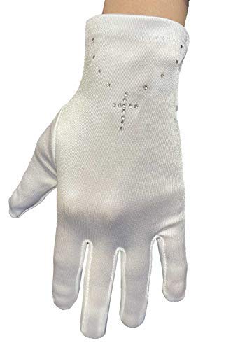 [Australia] - Pink Princess First Communion Gloves for Girls - Rhinestone Cross Design for 1st Holy Communion Medium (4-7) 