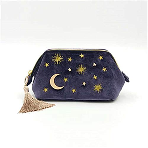 [Australia] - Handy cosmetic makeup bag,Navy Velvet Embroidered Applique Moon Stars Sun Cosmetic Bag,Starry Makeup Pouch with Tassels & Pearl Zipper,Beautician Storage Bag Clutch Handbags,Toiletry Wash Bag 