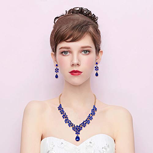 [Australia] - BriLove Wedding Bridal Jewelery Set for Women Crystal Bling Rhinestone Beaded Cluster Statement Necklace Dangle Earrings Royal Blue Color Gold-Tone 