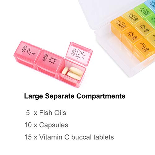 [Australia] - Pill Box Organiser 7 Day , Opret Pill Dispenser Weekly 3 Times a Day with case for Travel, Vitamin Fish Oil Container Planner BPA Free (Rainbow-Coloured) Coloured 