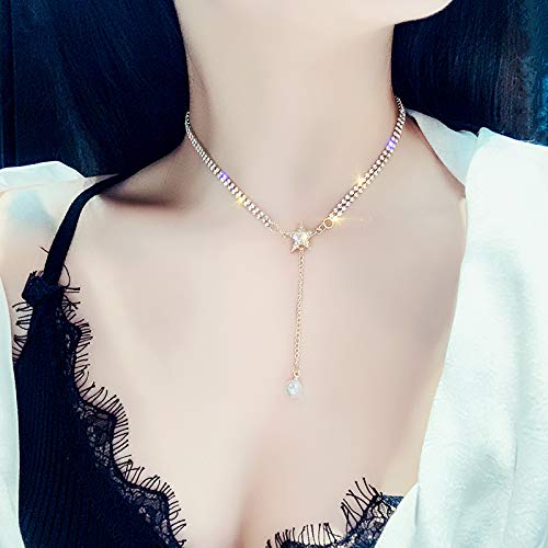 [Australia] - ROYAL AMOYY Clavicle Necklace, Alloy Choker Chain, Rhinestones Heart Necklace for Women and Girls Rhinestones Star 