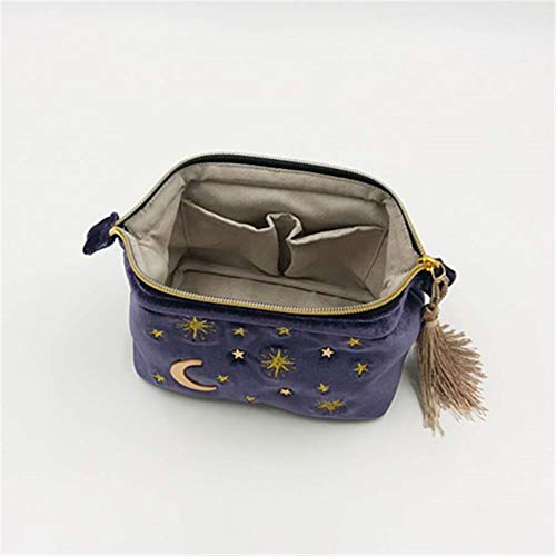 [Australia] - Handy cosmetic makeup bag,Navy Velvet Embroidered Applique Moon Stars Sun Cosmetic Bag,Starry Makeup Pouch with Tassels & Pearl Zipper,Beautician Storage Bag Clutch Handbags,Toiletry Wash Bag 