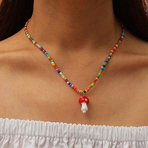 [Australia] - Pingyongchang Cute 4pcs Colorful Beads Chain Dainty Mushroom Shape Pendant Necklace Set Sweet Fresh Vegetables Mushroom Choker Jewelry Set for Women Girls Men 