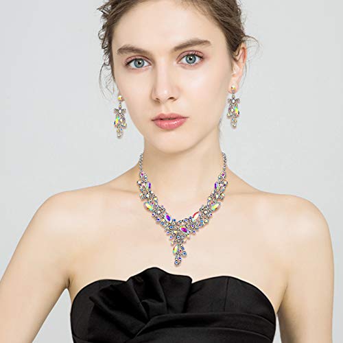 [Australia] - Flyonce Crystal Floral Jewelry Set for Women Flower Leaf Vine Necklace Earrings Set for Wedding Iridescent Clear AB 