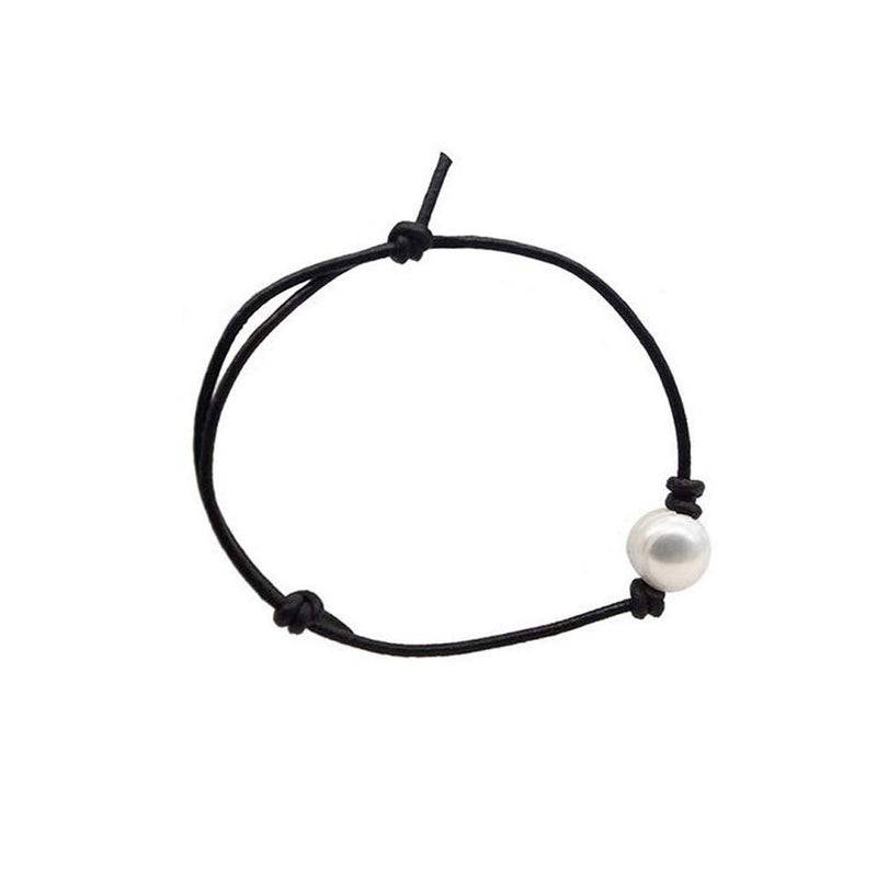 [Australia] - BELUCKIN Black Leather Single Pearl Anklets Bracelet Foot Chain Summer Style Jewelry for Women Girls 