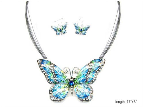 [Australia] - Jewelry Nexus Butterfly Pendant Necklace with Enamel Inlay and Matching Earrings Set Blue 