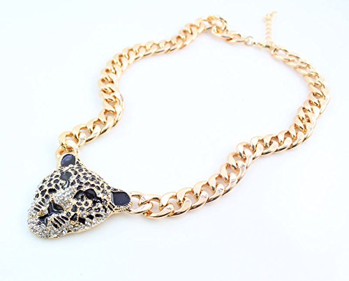 [Australia] - Cool Leopard Head Bracelet Earrings Necklace Ring Set 18k Gold Plated Rhinestone Chunky Curb Chain Costume African Jewelry Sets Jewelry Set 