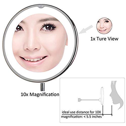 [Australia] - Flexible Gooseneck Makeup Mirrors 360 Degree Rotation LED 10X with Strong Suction Cup Portable Cordless Mirror Travel Home Mirror 
