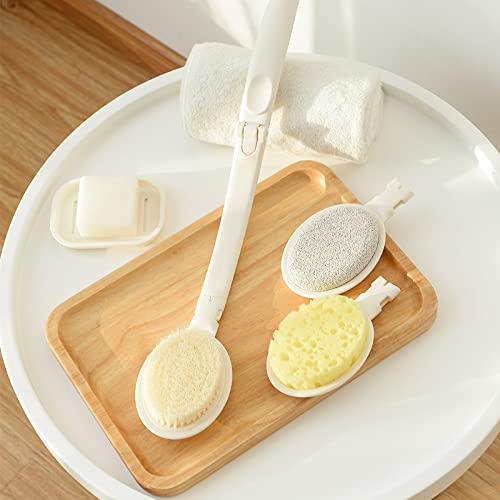 [Australia] - LFJ Bath Brush, 3 in 1 Foldable Long Handle Body Back Scrubber with Brush Sponge Pumice Head for Shower, Exfoliating or Dry Skin Brushing Nylon Bristle 