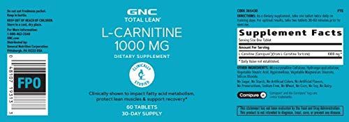 [Australia] - GNC Total Lean L-Carnitine 1000mg, 60 Tablets, Supports Recovery and Lean Muscle Growth 