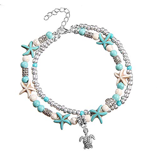 [Australia] - Softones Blue Starfish Turtle Anklet Multilayer Charm Beads Sea Handmade Boho Anklet Foot Jewelry for Women Girl A:Turtle 1 