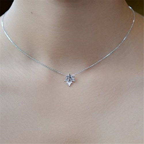 [Australia] - Fashionable Creative Natural Leaves Hemp Maple Leaf Pendant Necklace with Collarbone Chain silver 