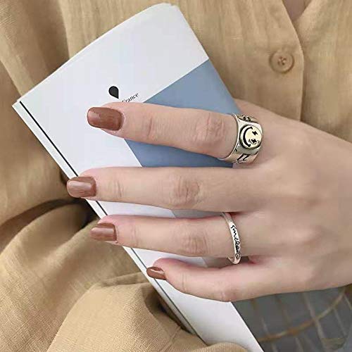 [Australia] - MELLIFO Smiley Face Ring Wide Chunky Adjustable Vintage Silver Smiling Open Ring for Women Men Style 1 