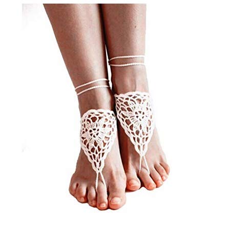 [Australia] - yueton 2pcs Crochet Barefoot Sandals, Nude Shoes, Foot Jewelry, Anklet, Bridesmaid Accessory, Yoga Shoes, Beach Pool Wedding Accessory White 