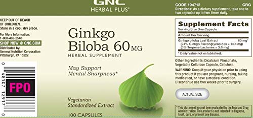 [Australia] - GNC Herbal Plus Ginkgo Biloba 60mg, 100 Capsules, Supports Mental Sharpness 