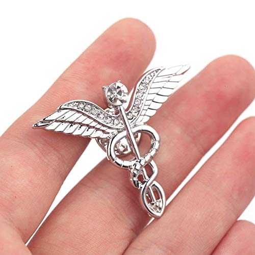 [Australia] - QIAN0813 Medical Symbol Caduceus Stethoscope RN Nursing Badge Brooches Lapel Pin for Registered Nurse Doctor Rod of Asclepius Emergency Brooch Jewelry Angel Wing-Silver 