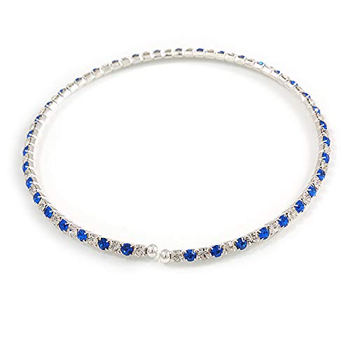 [Australia] - Avalaya Thin Blue/Clear Crystal Flex Choker Necklace in Silver Tone - Adjustable 