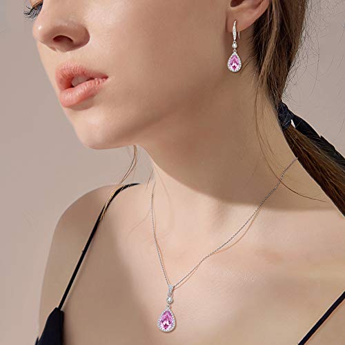 [Australia] - EleQueen 925 Sterling Silver Full Cubic Zirconia Teardrop Bridal Pendant Necklace Hook Dangle Earrings Sets Pink 