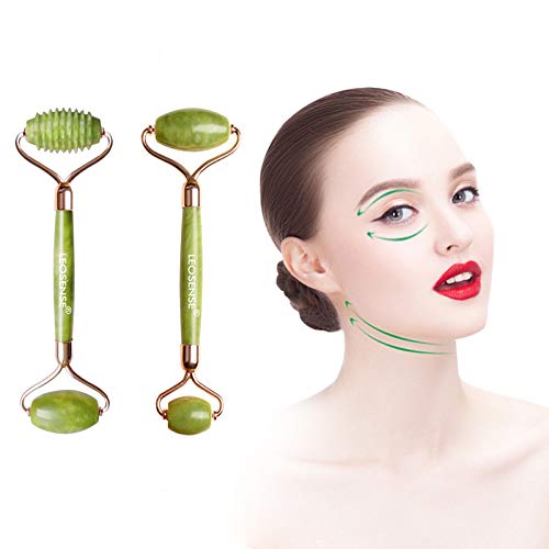 [Australia] - Leosense Premium 2 Pieces Medium Green Jade Facial Massage Beauty Rollers Set for Skin Rejuvenation,Wrinkles Removing,Dark Circles, 100% Natural Authentic Healing Jade Stone Face Cold Roller (E-Book) 