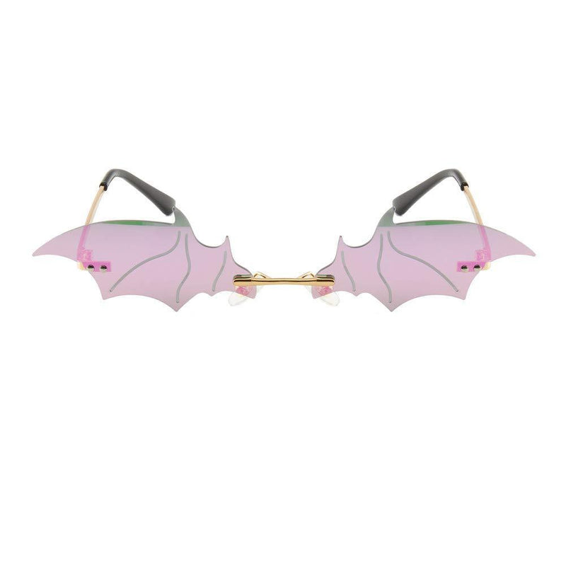 [Australia] - Grainas Retro Bat Rimless Sunglasses for Women Men Small Vintage Batwing Eyewear Novelty Metal Frameless Glasses UV400 Protection Mirrored Purple/Gold 