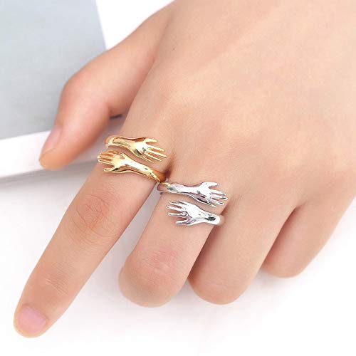 [Australia] - 4 Pieces Hugging Hands Rings Gold Silver Hands Embrace Open Rings Adjustable Couple Hug Rings Romantic Lover Wedding Ring Jewelry Gifts 