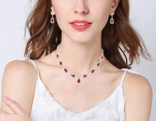 [Australia] - UDORA Silver Blue Red Teardrop Necklace Earrings Jewelry Set Wedding Party Prom 