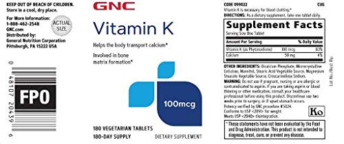 [Australia] - GNC Vitamin K 100mcg, 180 Tablets, Helps The Body Transport Calcium 