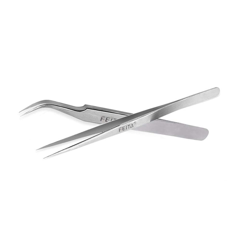 [Australia] - Best Eyelash Extension Tweezer Set - FEITA Pro Straight & Curved Pointy Precision Fine Tip Tweezers for Lash Extensions - Silver - 2Pcs 