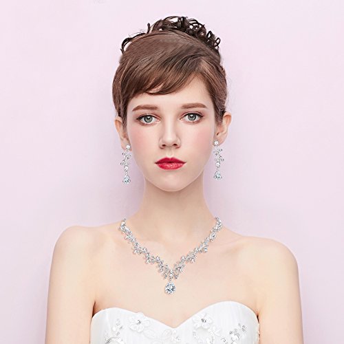 [Australia] - BriLove Women's Wedding Bridal Leaf Vine Floral Scroll Teardrop V-Necklace Dangle Earrings Set A - Pierced Earrings Type 