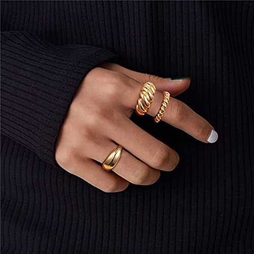 [Australia] - Chunky Ring Set: 14k Gold Plated Croissant Braided Twisted Dome Ring Jewelry for Women Men Teens Boy Girl 6 