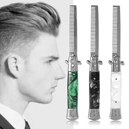 [Australia] - Switchblade Comb,Oil Hair Comb Metal Spring Jump Brush Pocket Oil Hair Comb with Wide and Fine Teeth For Beard, Mustache, Head Black Pearl Handle(Black) 