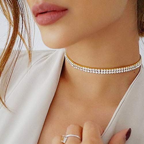[Australia] - Cryshimmer 5 Pieces Crystal Choker Necklaces for Women Girls Dainty Silver Gold Plated Adjustable Layering Chain Rhinestone Choker Necklaces Set 