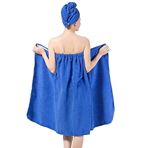 [Australia] - Queena Women Microfiber Bath Towel Wrap & Hair Turban Adjustable Spa Shower Cover Up Sapphire Blue 