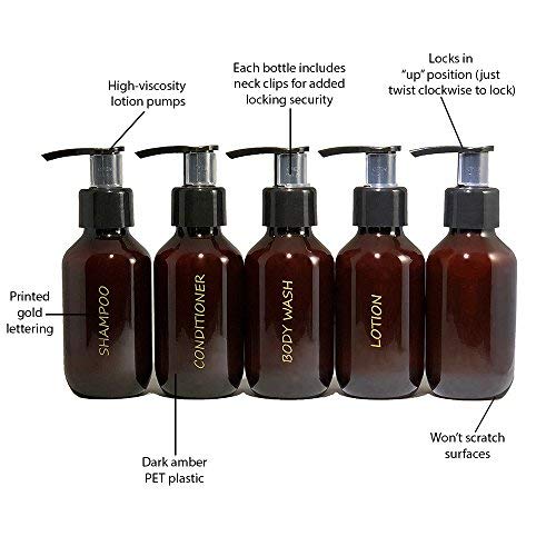 [Australia] - Bottiful Home - 3 oz. Refillable Amber Plastic Travel Bottles Set of 5 w Pumps - Gold Printed Shampoo, Conditioner, Body Wash, Lotion + Other - TSA-Compliant 