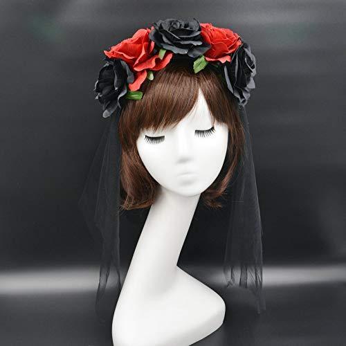 [Australia] - Halloween Gothic Flower Garland Cosplay Day Of The Dead Headpiece Hair Wreath with Short Black Veil Costume Accessory for Women Ladies Red&Black 