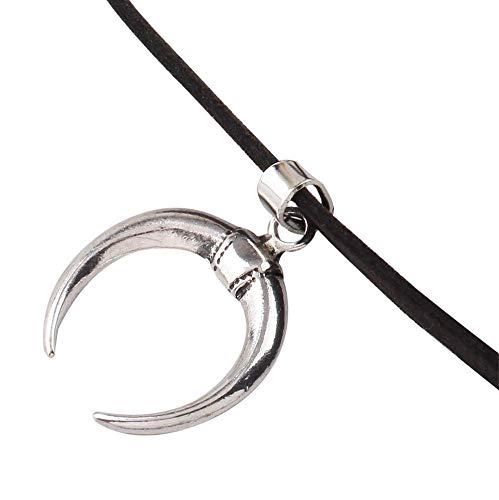 [Australia] - STACKABLE CREATIONS Crescent Moon Choker Necklace with Black Suede Velvet Leather Ribbon Band | Upside Down Half Moon Horn Silver Charm Metal Pendant 