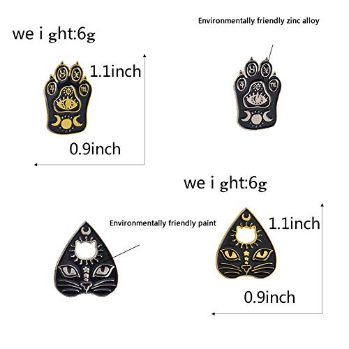 [Australia] - 2 Pcs/Set Gothic Black Cat Pet Paw Brooch Enamel Witch Magic Cat Mystical Footprints Triple Moon Star Goddess Brooches Pin Sets Badges for Women Jewelry Silver 
