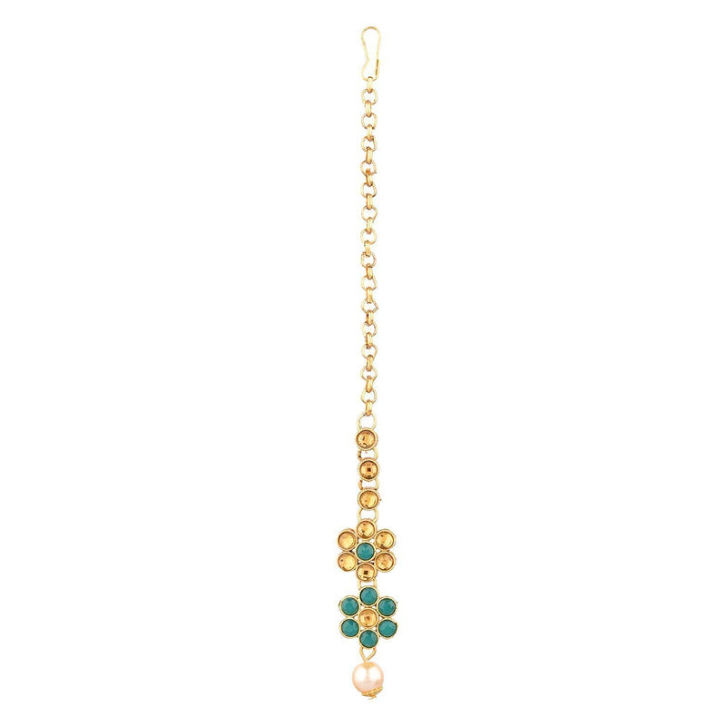 [Australia] - Efulgenz Indian Jewelry Choker Kundan Crystal Floral Necklace Earrings Maang Tikka Head Chain Bollywood Wedding Bridal Set Green 