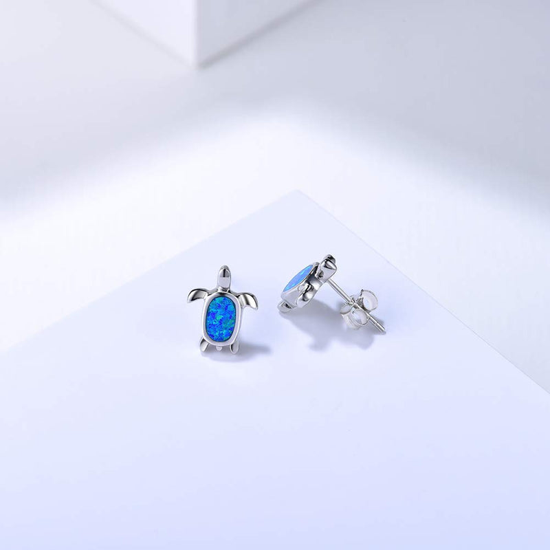 [Australia] - FANCIME October Birthstone 925 Sterling Silver Sea Turtle Necklace/Stud Earrings Created Blue/White Fire Opal Pendant Fine Jewelry for Women Blue Turtle Earrings 