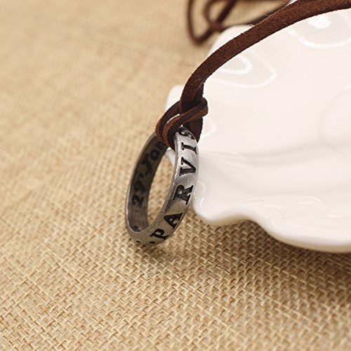 [Australia] - BAEBAE Sterling Silver Plated Uncharted 4 Drake Engraved Ring Pendant Necklace,Brown Leather Chain 