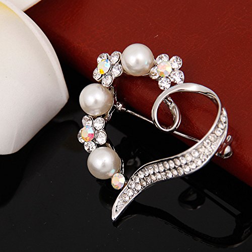 [Australia] - Dwcly Cluster Pave Clear Crystal Love Heart Pearl Brooch Pin Wedding Party Clothes Accessories silver 