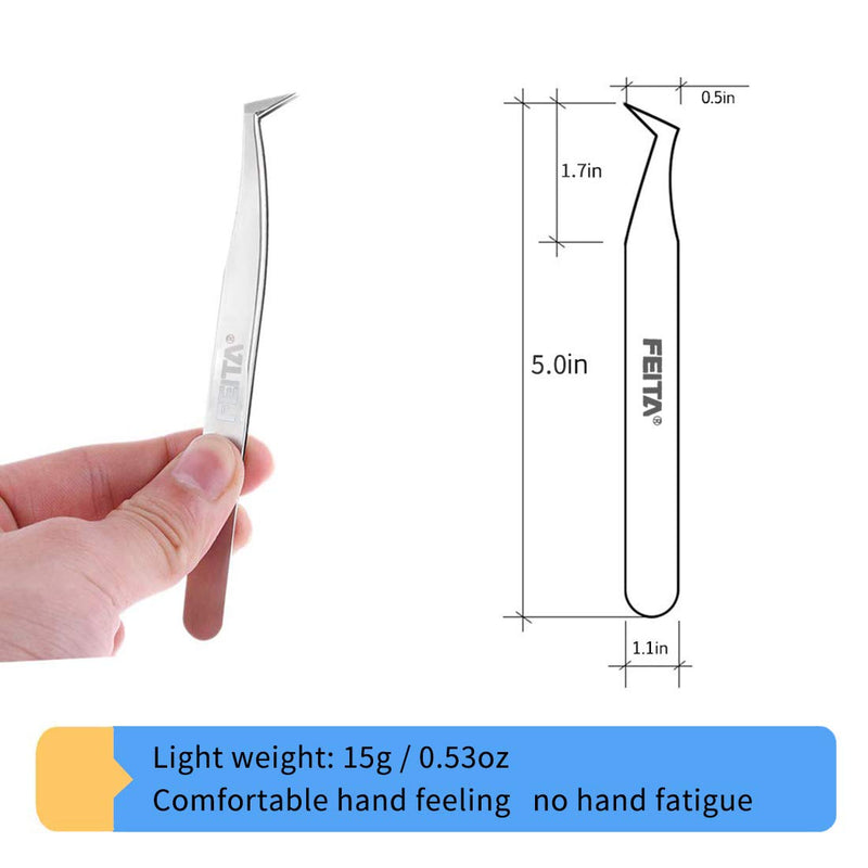 [Australia] - Volume Eyelash Extension Tweezer - FEITA Professional Angled Curved Pointed L-Shaped Precision Tweezers for 3D 4D 6D Lashes Extension - Silver 