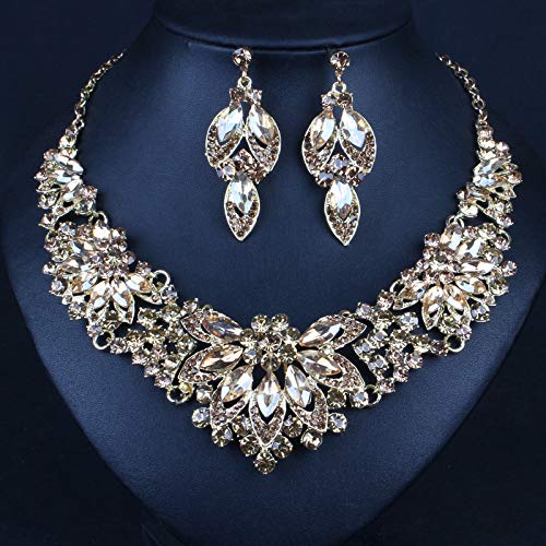 [Australia] - ENUUNO Bridal costume jewelry for women prom gothic jewelry Crystal Choker Pendant Bib Statement Charm Necklace and Earrings wedding jewelry sets for brides Yellow 