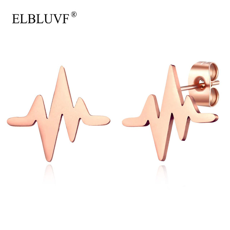 [Australia] - ELBLUVF 18k Rose Gold Plated Stainless Steel Women EKG Heartbeat Love Cardiogram Necklace Jewelry Sets 
