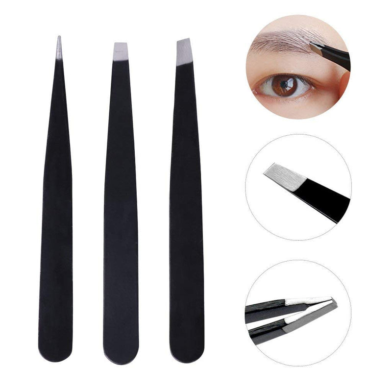 [Australia] - bC BimeTALliC CAble Stainless Steel Tweezers Slanted, Pointed and Flat Tip for The Removal of Facial, Ingrown Hairs, Splinters and The Treatment of Blackheads, Black 