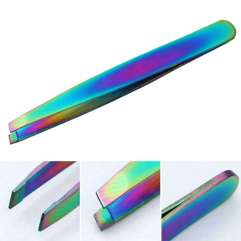 [Australia] - AKOAK 2 Pieces Rainbow Stainless Steel Slant Tip Eyebrow Tweezer and Eyebrow Scissor Facial Hair Removal Makeup Tool 