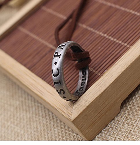 [Australia] - BAEBAE Sterling Silver Plated Uncharted 4 Drake Engraved Ring Pendant Necklace,Brown Leather Chain 