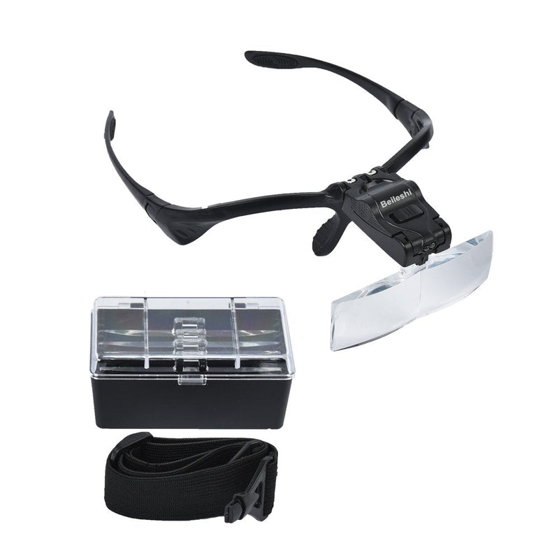 [Australia] - Beileshi Headband Magnifier Glasses with 2 LED Professional Jeweler's Loupe Light Bracket and Headband are Interchangeable 5Lens Glass Magnifying Visor Black 