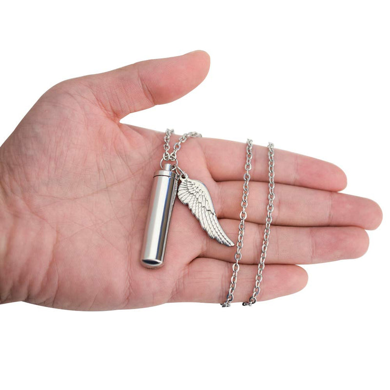 [Australia] - Cylinder Cremation Urn Necklace for Ashes Memorial Keepsake Pendant with Angel Wing Stainless Steel Remembrance Jewelry Silver L non-engraving 