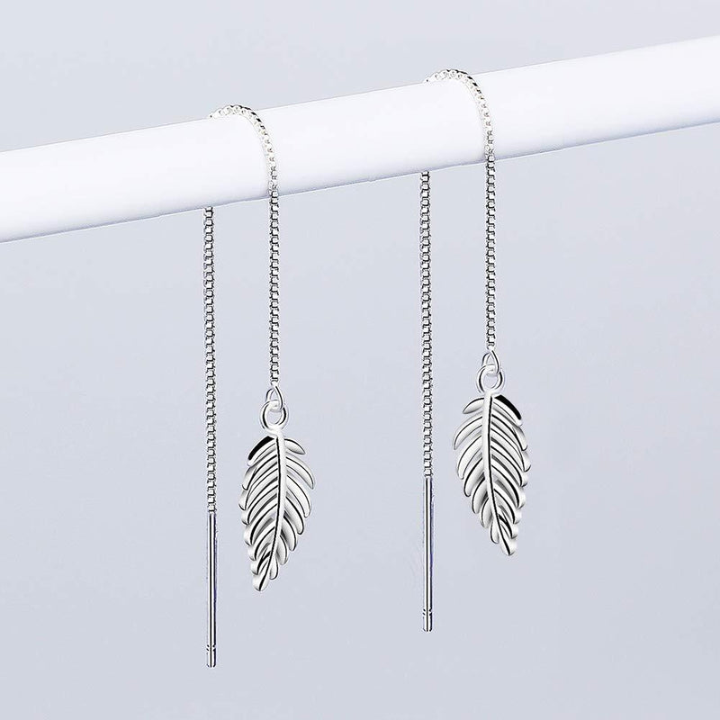 [Australia] - Yaneno 925 Sterling Silver Elegant Pretty Leaf Dangle Threader Pull Through Drop Earrings for Women White 